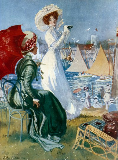 Belle époque : « Jeunes femmes suivant les régates avec des jumelles » Lithographie par John Cameron (20e siècle) Paris, Arts décoratifs - John Cameron