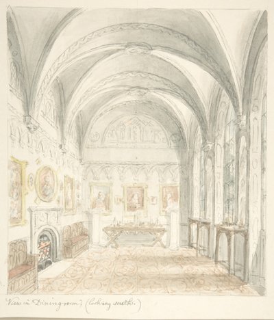 Château de Lea, Worcestershire, salle à manger regardant vers le sud, vers 1816 - John Carter.