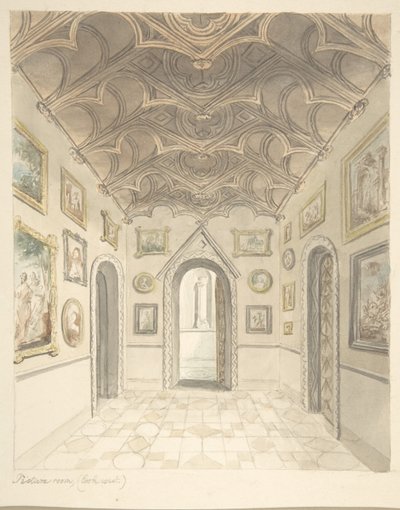 Château de Lea, Worcestershire, salle des tableaux, vue vers l