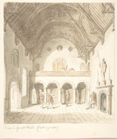 Château de Lea, Worcestershire, vue dans la grande salle, regardant vers l