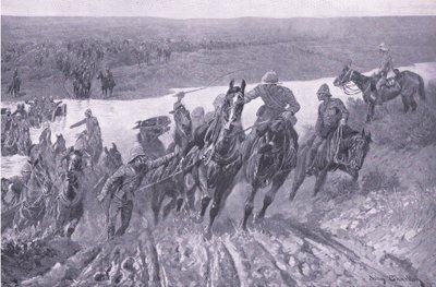 Artillerie traversant le Caledon à Karreepoort Drift, illustration de Après Pretoria : La Guerre de guérilla - John Charlton