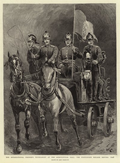 Le tournoi international des pompiers au Agricultural Hall, la brigade portugaise passant en revue - John Charlton