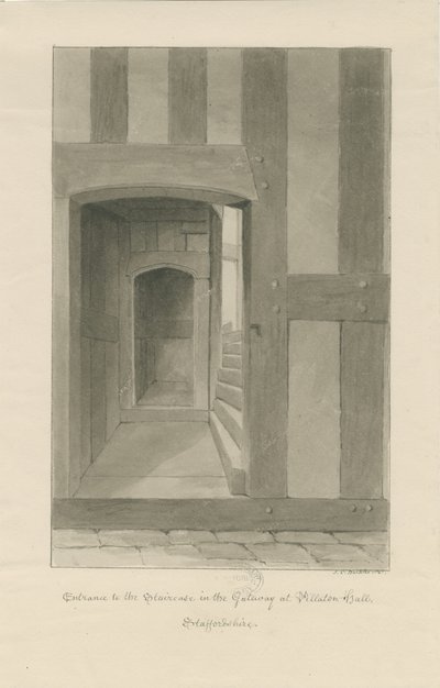 Pillaton Hall - Intérieur de la maison de la porte: dessin sépia - John Chessell Buckler
