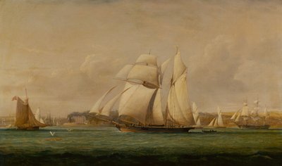 Un brick-goélette, deux cutters du Royal Yacht Squadron et un navire marchand américain - John Christian Schetky