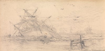 Un navire à deux ponts échoué sur une plage - John Christian Schetky