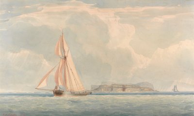 Bateau naviguant vers la gauche avec île en arrière-plan - John Christian Schetky