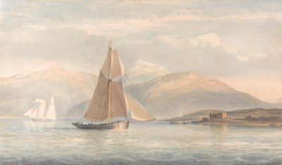 Bateau naviguant vers la droite avec des montagnes en arrière-plan - John Christian Schetky