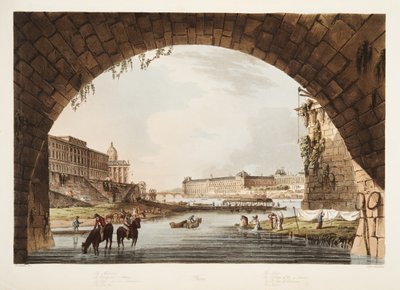 Le Louvre; La Monnaie; Le Collège des Quatre Nations; Le Pont de la Réunion, illustration de Versailles, Paris et Saint Denis, pub. 1805 - John Claude Nattes