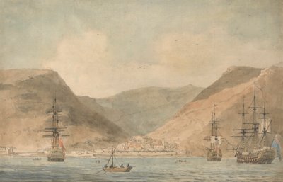Vue de Jamestown, Sainte-Hélène, depuis la mer avec des navires - John Cleveley the Younger