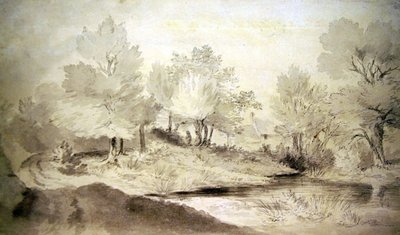 Étang du Suffolk, avec des cottages au loin - John Constable