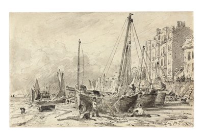 Bateaux de pêche échoués avec des pêcheurs réparant des filets sur la plage à Brighton, regardant vers l