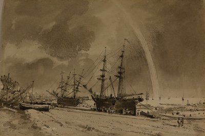 Plage de Brighton avec un arc-en-ciel : déchargement des colliers, vers 1792 (aquarelle sur papier) - John Constable