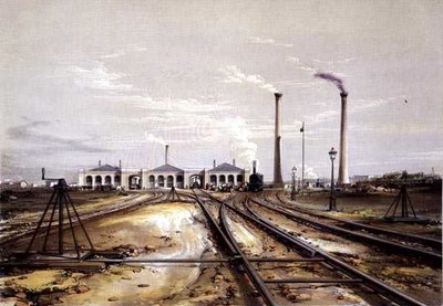 Excentrique pour le déplacement des rails, maison de la locomotive et cheminées de la maison de l