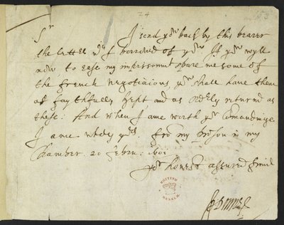 Lettre autographe de John Donne à Sir Robert Cotton, écrite depuis la prison, 20 février 1601 - John Donne