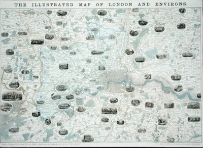 Carte illustrée de Londres et de ses environs, vers 1845-55 (lithographie en couleur) - John Dower