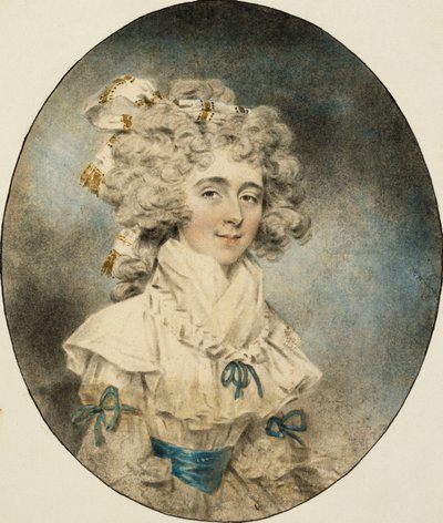 Portrait de Mme Fisher, demi-longueur, en robe blanche ornée de rubans bleus - John Dowman