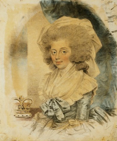 Portrait de la reine Charlotte, petite demi-longueur, portant une robe bleue et blanche, sa couronne à côté d