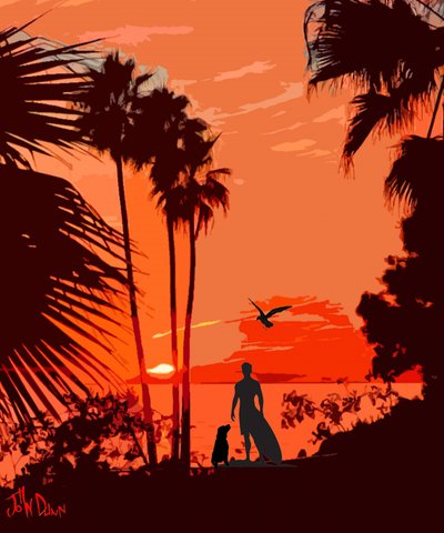 Chien surfeur : Coucher de soleil tropical - John Dunn
