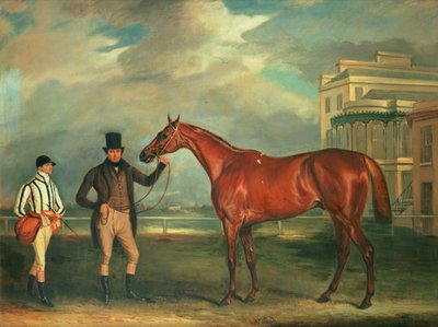 Général Chasse, un Cheval de Course Alezan tenu par son Entraîneur, avec son Jockey, J. Holmes, à l