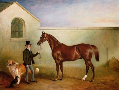 M. Meakin tenant le chasseur alezan de Sir Robert Peel avec ses chiens 