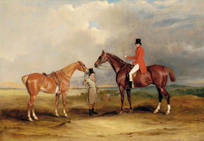 Portrait de John Drummond sur un chasseur avec un palefrenier tenant son deuxième cheval, dans un paysage, une partie de chasse au-delà - John E. Ferneley