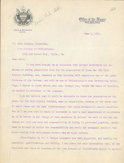 Lettre du maire John Reyburn au bibliothécaire John Thomson approuvant Horace Trumbauer comme architecte du bâtiment principal de la bibliothèque, 1er juin - John E. Reyburn
