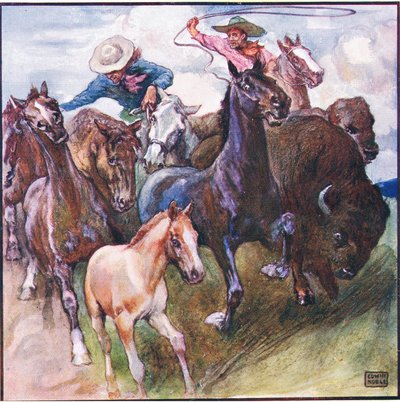 Il est parti - buffle sauvage - cheval sauvage et chasseur sauvage - John Edwin Noble