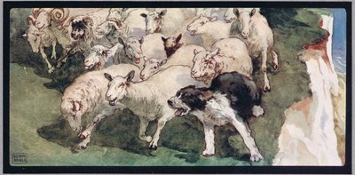 Bobtail sheepdog et troupeau sur des falaises, illustration de 