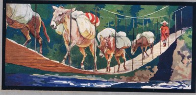 Des ânes transportent des provisions sur un pont de corde, illustration de 