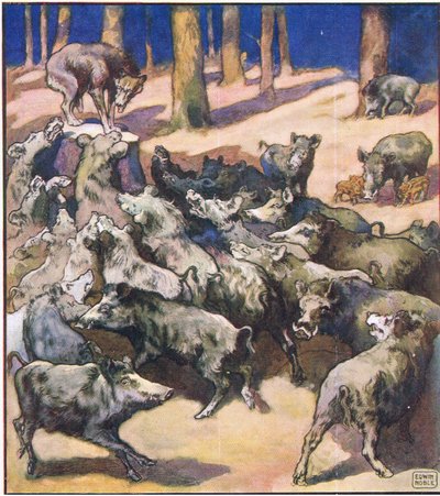 Au centre de la souche se tenait un grand loup gris - John Edwin Noble