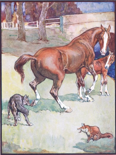 La jument a levé son sabot, illustration pour Reynard le renard, des légendes animales de nombreux pays, publié par Raphael Tuck & Sons Ltd. - John Edwin Noble
