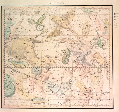 Carte céleste : Automne, montrant les signes du zodiaque et les positions des étoiles (gravure) - John Emslie