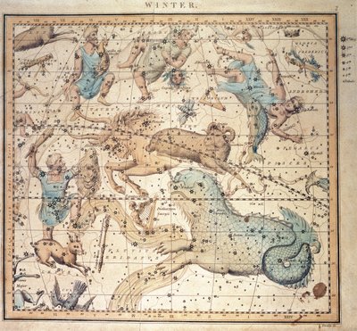 Carte céleste : Hiver, montrant les signes du zodiaque et les positions des étoiles (gravure) - John Emslie