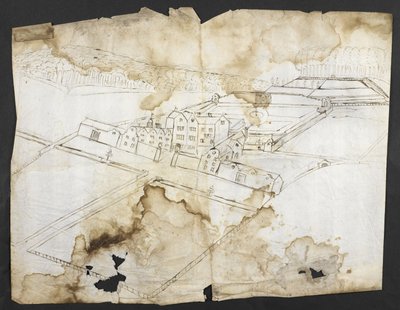 Perspective de Wotton avec le jardin, la grotte et les environs depuis le nord-ouest - John Evelyn