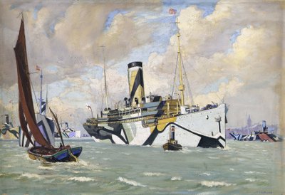 Un croiseur auxiliaire armé amenant un convoi de troupes américaines dans la Tamise (Angleterre) - John Everett