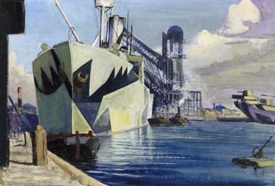 Dock Canada à Liverpool, avec un navire de guerre ancré, peint avec un camouflage coloré - John Everett