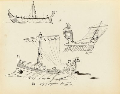 Croquis de premiers navires, y compris un navire à voile et à rames romain et le navire d