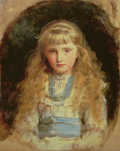 Portrait de Beatrice Caird portant une robe blanche avec une ceinture bleue - John Everett Millais