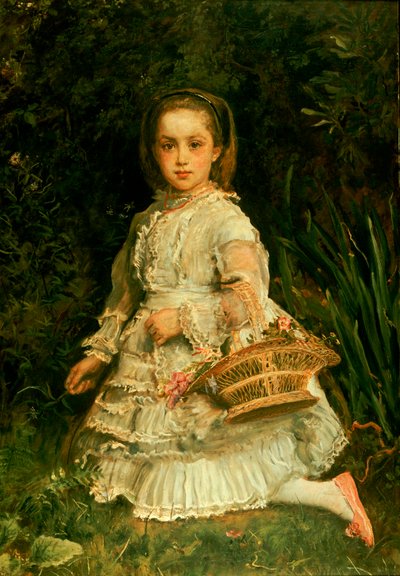 Portrait de Gracia, en pied, portant une robe blanche, cueillant des fleurs sauvages - John Everett Millais