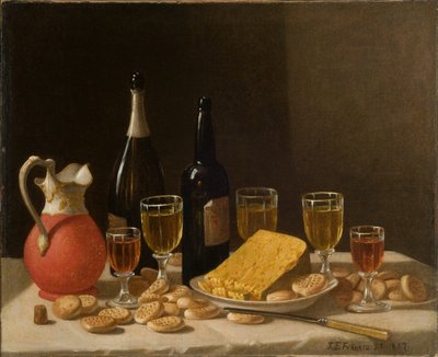 Nature morte avec bouteilles, vin et fromage 1857 - John F. Francis