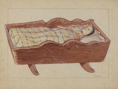 Berceau allemand de Pennsylvanie avec poupée et couvre-lit - John Fisk