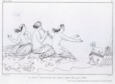Les sirènes cherchent par leur chant à attirer Ulysse. Dessin de John Flaxman (1755 - 1826). L