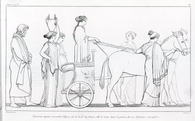Nausicaa, qui vient de rencontrer Ulysse, le ramène au palais de son père, le roi Alkinoos. Dessin de John Flaxman (1755 - 1826). L