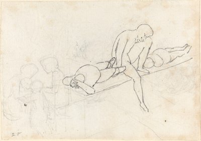 Homme assis flanqué de deux figures allongées ; Groupe de figures dans le coin inférieur gauche - John Flaxman
