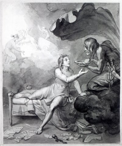 Thomas Chatterton reçoit un bol de poison de Désespoir (plume, encre et lavis sur papier) - John Flaxman