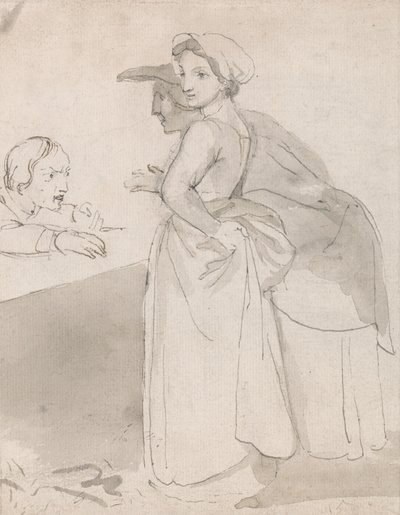 Deux femmes parlant à un homme à un comptoir - John Flaxman