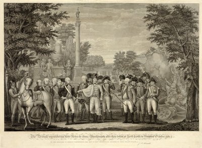 La reddition des armes britanniques au général Washington après leur défaite à Yorktown en Virginie, octobre 1781, pub. 1819 (gravure) - John Francis (after) Renault