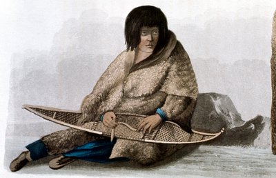 Fille indienne en cuivre réparant une raquette à neige, 1823 - John Franklin