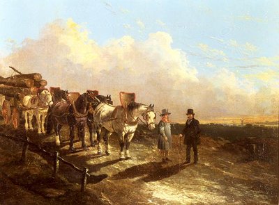 Chariot de bois arrêté sur une route au crépuscule - John Frederick Herring Jnr