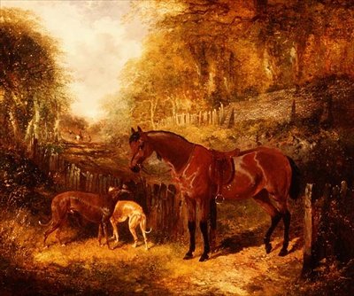 Un poney baie sellé et des lévriers dans un paysage fluvial boisé - John Frederick Herring Jnr
